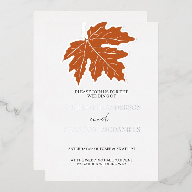 Orange Autumn Maple Leaf Wedding Silver Foil Invitation (Front/Back)