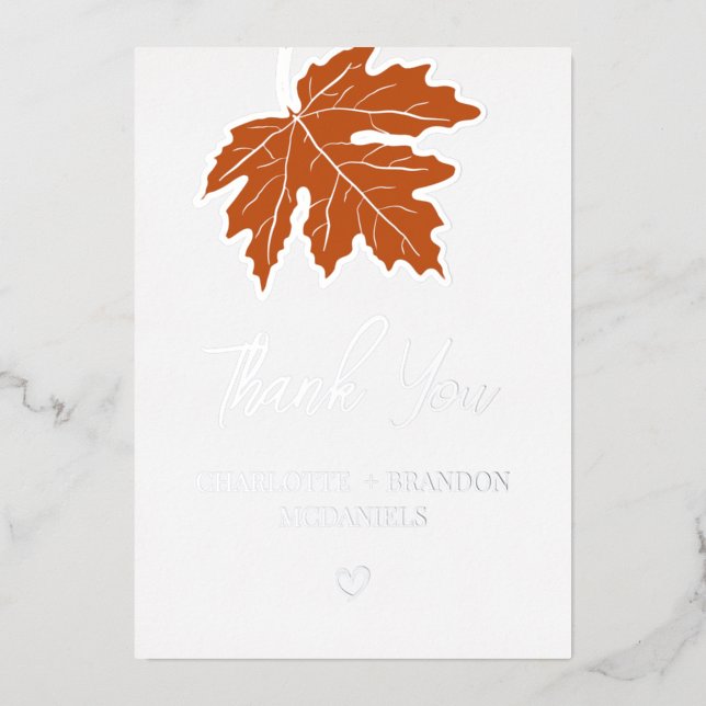 Orange Autumn Maple Leaf Wedding Thank You Silver  Foil Invitation (Front)