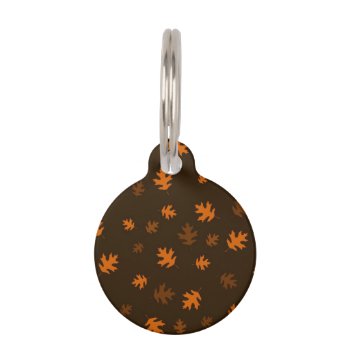 Orange Autumn Oak Leaves Against Dark Brown Pet Name Tag by FirstFruitsDesigns at Zazzle