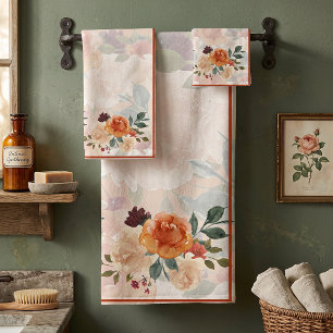 Orange autumn watercolor floral bath towel set