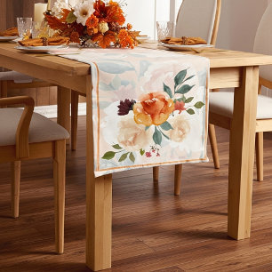 Orange autumn watercolor floral short table runner
