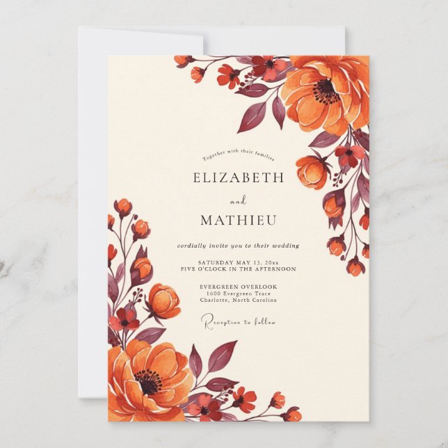 Orange Autumnal Blossom Wedding Invitation (Front)