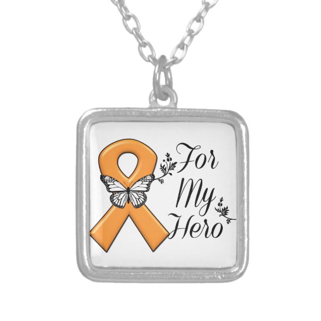 Orange Awareness Ribbon For My Hero Silver Plated Necklace (Front)