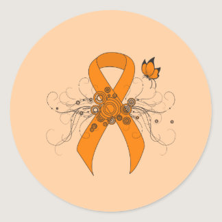 Orange Awareness Ribbon with Butterfly Classic Round Sticker