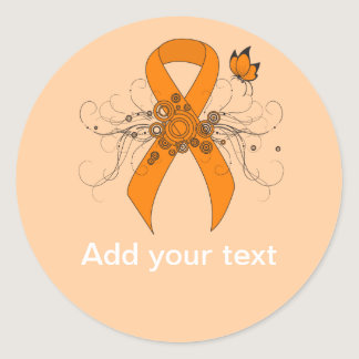 Orange Awareness Ribbon with Butterfly Classic Round Sticker