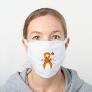Orange Awareness Ribbon with Butterfly White Cotton Face Mask