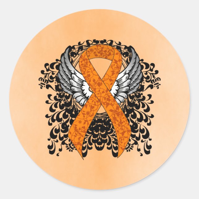 Orange Awareness Ribbon with Wings Classic Round Sticker (Front)