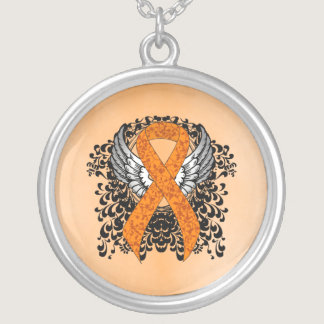Orange Awareness Ribbon with Wings Silver Plated Necklace