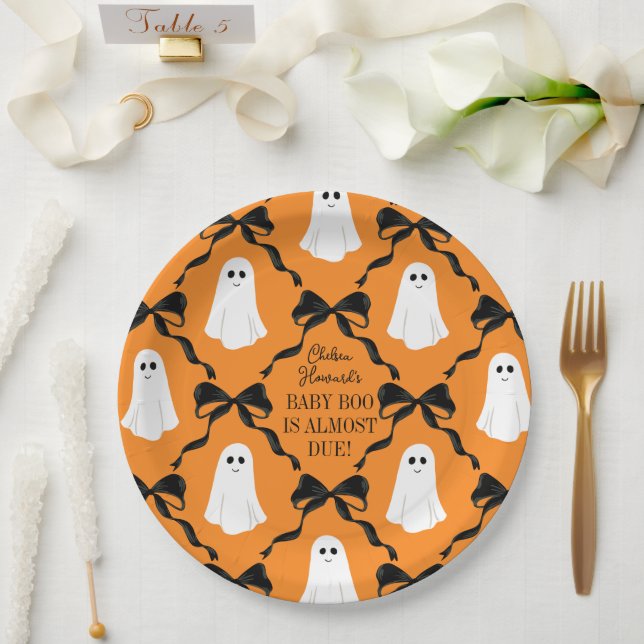 Orange Baby Boo Almost Due Ghosts and Black Bows Paper Plates (Wedding)