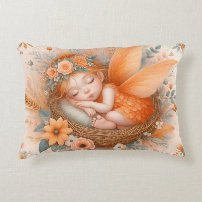 Orange Baby Fairy in a nest Baby Girl Birth Stats Accent Pillow (Front)
