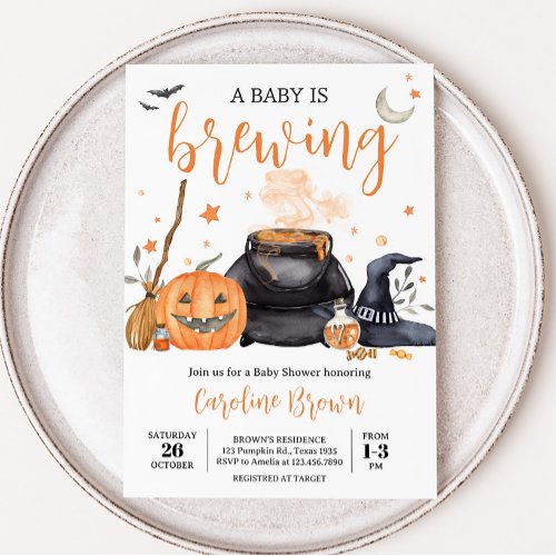 Orange Baby is Brewing Cute Halloween Baby Shower Invitation