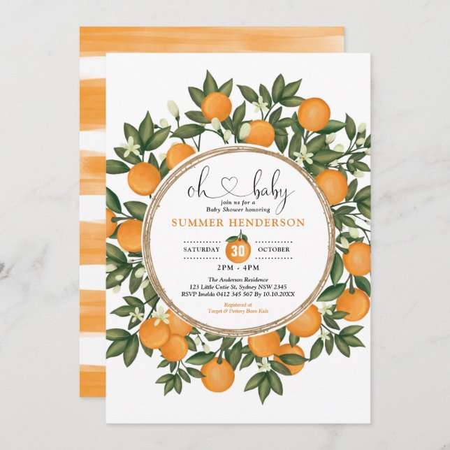 Orange Baby Shower Summer Citrus Boho Greenery Invitation (Front/Back)