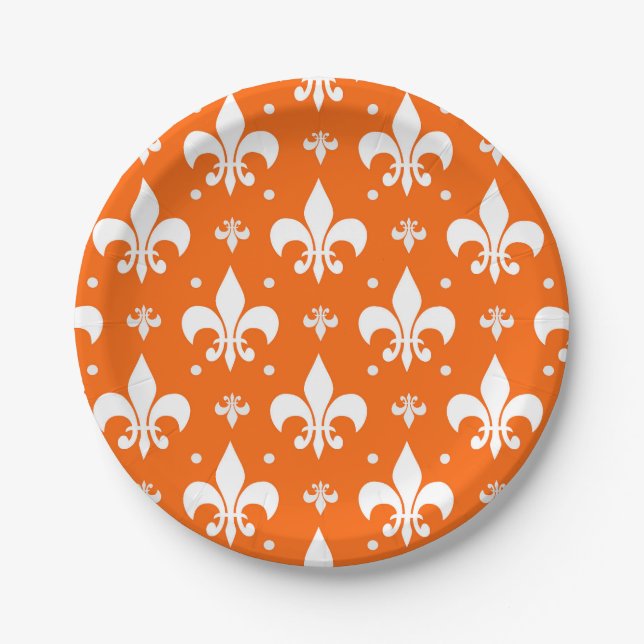 Orange Background Fleur-de-lis Pattern Design  Paper Plates (Front)