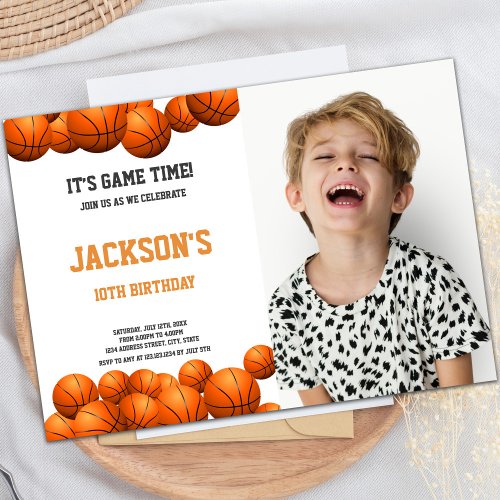 Orange balls Basketball Invitations with photo