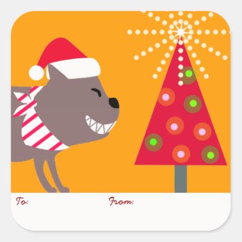 Orange Bandana Dog & Christmas Tree Square Sticker by PetProDesigns at Zazzle