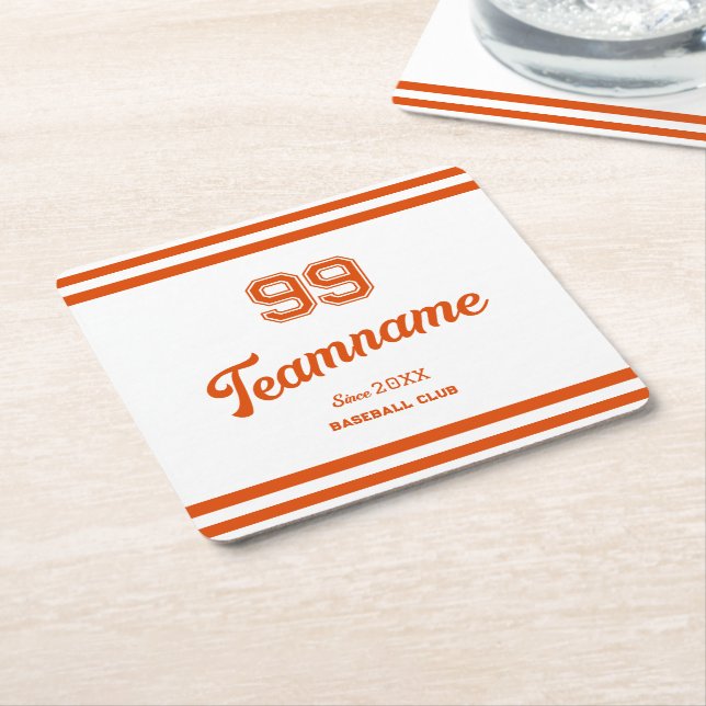 Orange Baseball Club Custom Player Number & Team Square Paper Coaster (Angled)