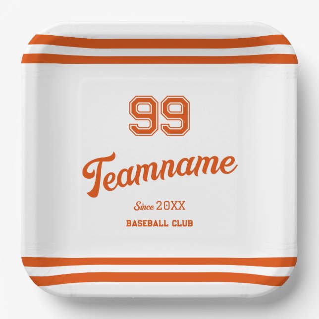 Orange Baseball Custom Player Number & TeamName Paper Plates (Front)