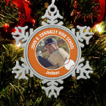 Orange Baseball Player Photo High School Snowflake Pewter Christmas Ornament<br><div class="desc">This cool customized high school baseball player photo gift features white typography of your team and player name on an orange Christmas ornament with a ball. Personalize with your student's photograph and class year as a proud sports parent for a great commemorative keepsake.</div>