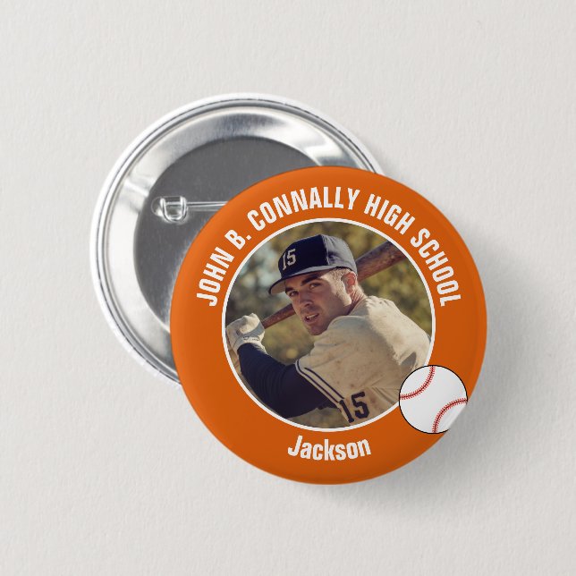Orange Baseball Player Photo High School Spirit Button (Front & Back)