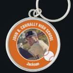 Orange Baseball Player Photo High School Spirit Keychain<br><div class="desc">This cool customized high school baseball player photo gift features white typography of your team and player name on an orange keychain with a ball. Personalize with your student's photograph and class year as a proud sports parent for a great commemorative keepsake.</div>
