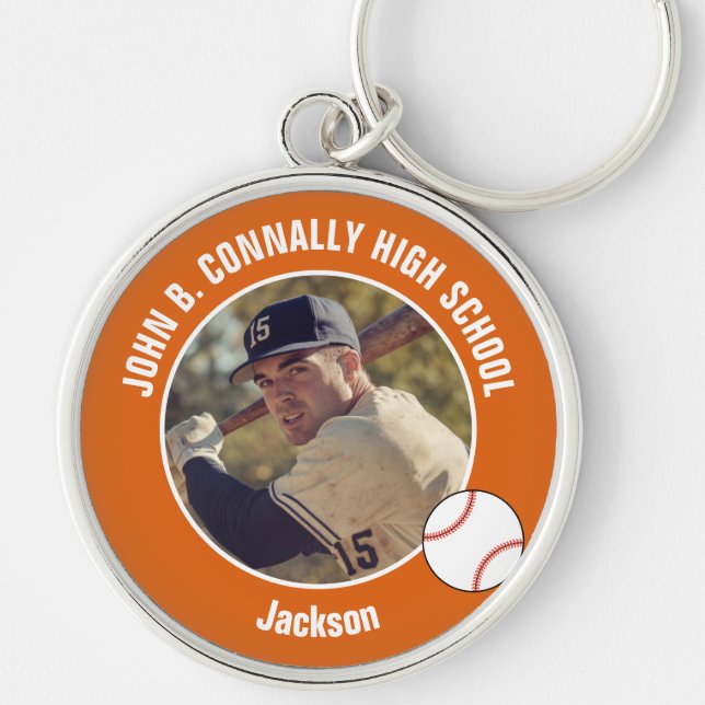 Orange Baseball Player Photo High School Spirit Keychain (Front)