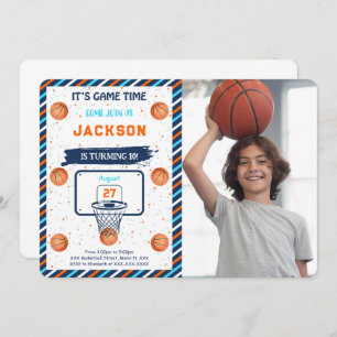 Orange Basketball Birthday Photo Invitation