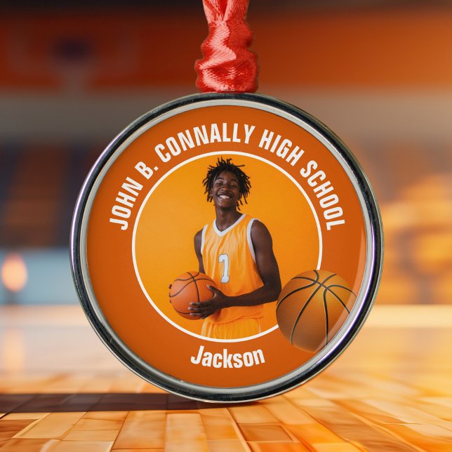 Orange Basketball Player Photo Christmas Metal Ornament (Creator Uploaded)