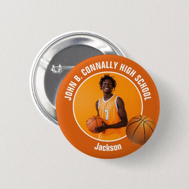 Orange Basketball Player Photo High School Spirit Button (Front & Back)