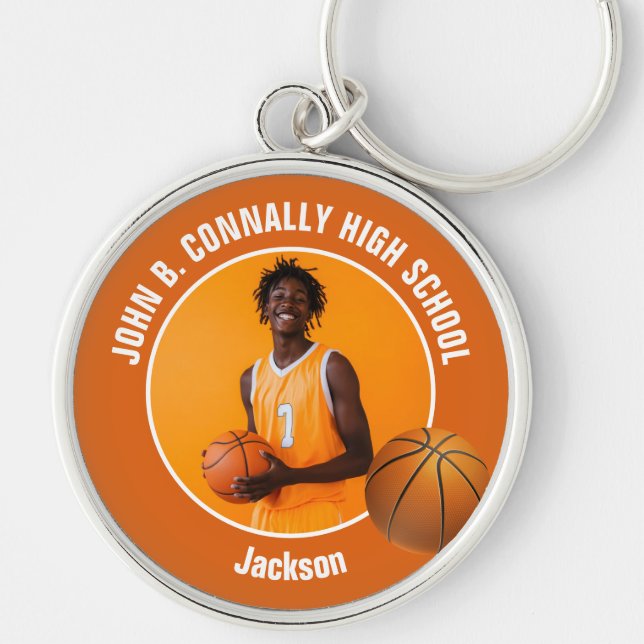 Orange Basketball Player Photo High School Spirit Keychain (Front)