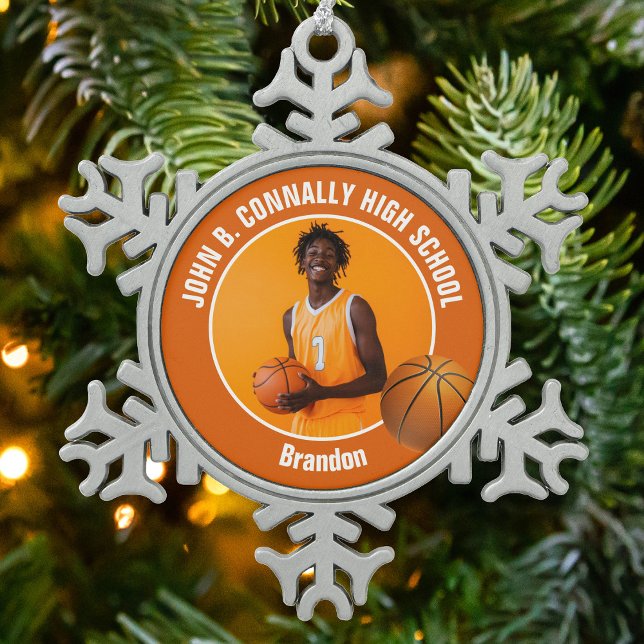 Orange Basketball Player Photo Keepsake Gift Snowflake Pewter Christmas Ornament (Creator Uploaded)