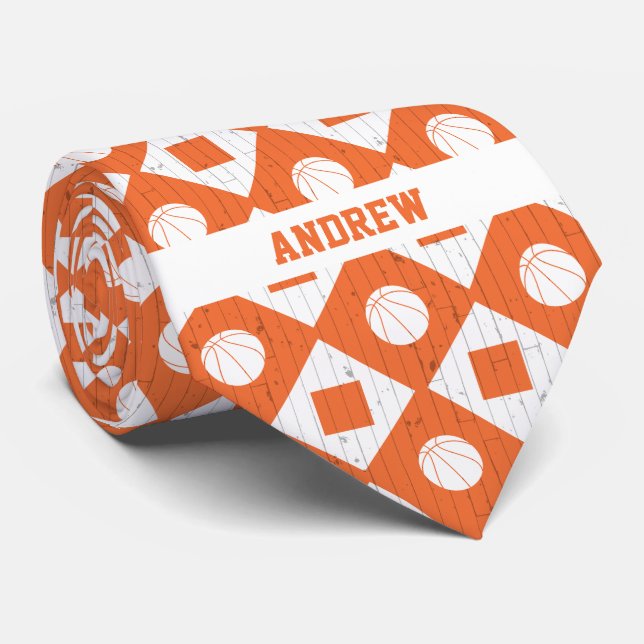 Orange Basketball Wood Floor Argyle Pattern Neck Tie (Rolled)