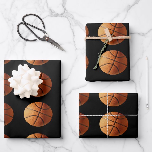 Orange Basketballs On Black, Gift Wrap Sheets, (Front)