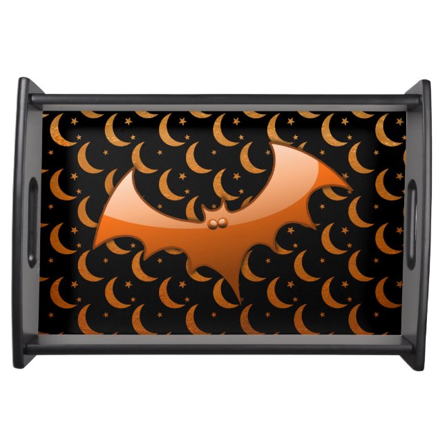 Orange Bat Quarter Moons Black Wooden Serving Tray (Front)