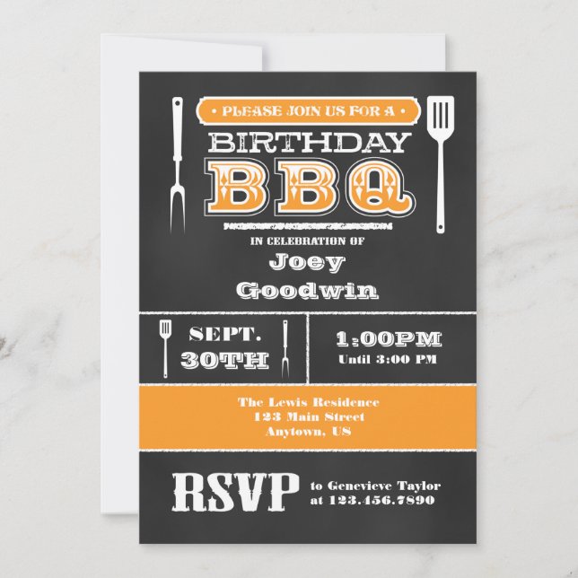 Orange BBQ Birthday Chalkboard Invitation (Front)