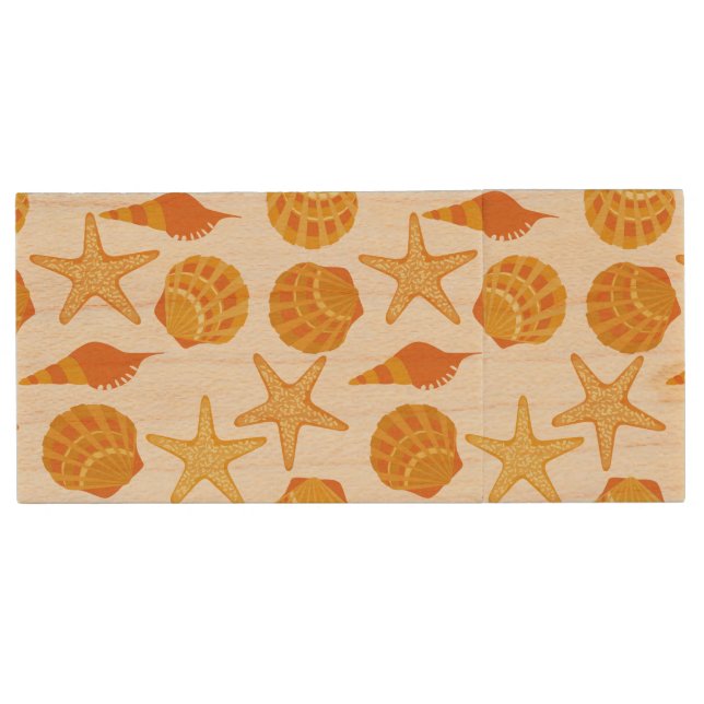 Orange Beach Shell Pattern Wood Flash Drive (Front)