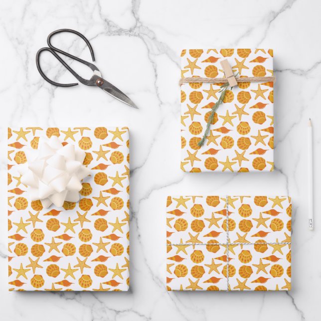 Orange Beach Shell Pattern Wrapping Paper Sheets (Front)