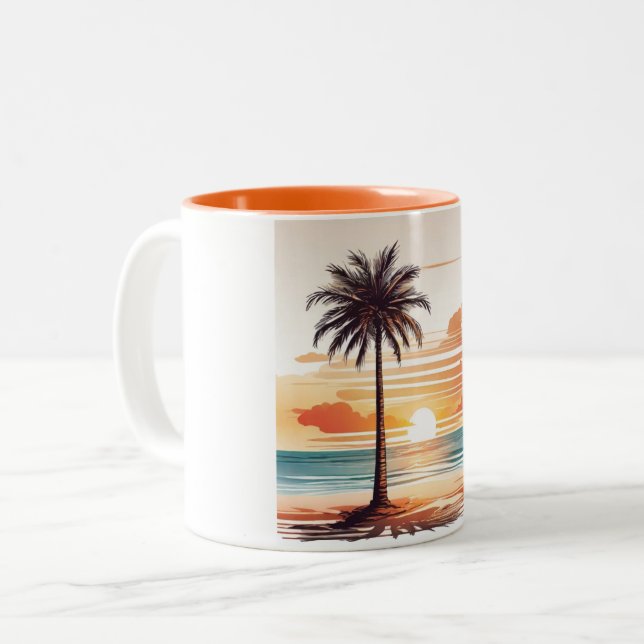 Orange Beach Sketch Mug - Vibrant Coastal Charm (Front Left)