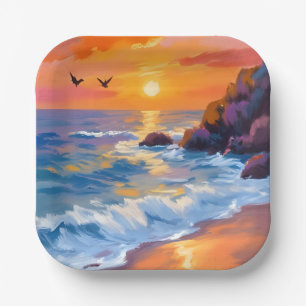 Orange Beach Sunset   Coastal Painting Paper Plates
