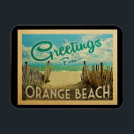 Orange Beach Vintage Travel Magnet<br><div class="desc">This Greetings From Orange Beach vintage postcard design features a sandy beach with a beautiful turquoise ocean water and above the sea,  a blue sky with billowy white clouds. In vintage travels style.</div>