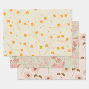 Orange Beige Retro Y2K 70s Flower Pattern Wrapping Paper Sheets
