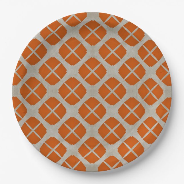 Orange, Beige, Taupe Mid Century Modern Pattern Paper Plates (Front)
