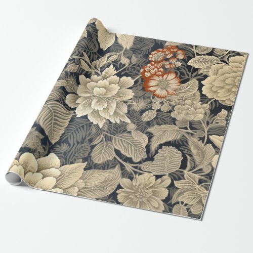 Orange Beige Vintage Flowers and Leaves Wrapping Paper