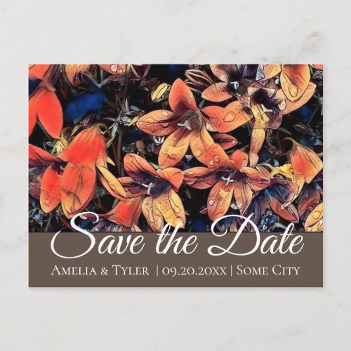 Orange Bellflowers Floral Wedding Save the Date Postcard - Red Bellflowers Floral Wedding Save the Date Postcard. The postcard features floral graphics - bellflowers in blue and orange colors. Elegant and trendy typography. Easily personalize any text on the card or erase any text.