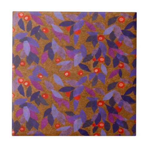 Orange Berries Purple Leaves Simple Floral Pattern Ceramic Tile