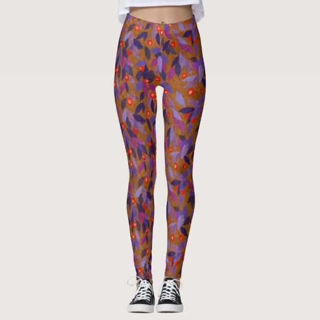 Orange Berries Purple Leaves Simple Floral Pattern Leggings (Front)