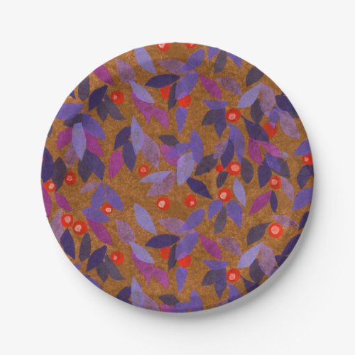 Orange Berries Purple Leaves Simple Floral Pattern Paper Plates