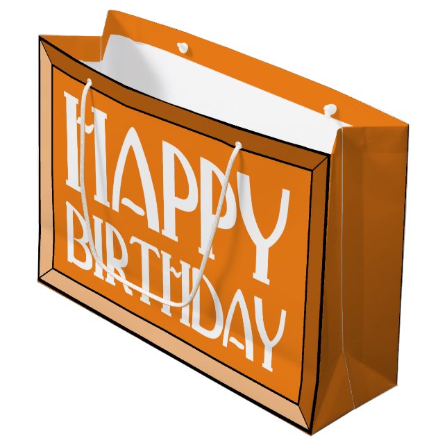 Orange Beveled Happy Birthday Art Deco Large Gift Bag (Front Angled)