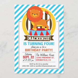 Orange Big Top Circus Lion; Blue & White Stripes Invitation