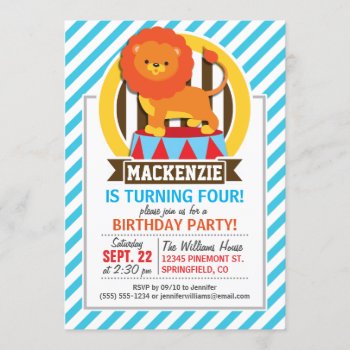 Orange Big Top Circus Lion; Blue & White Stripes Invitation by Birthday_Party_House at Zazzle