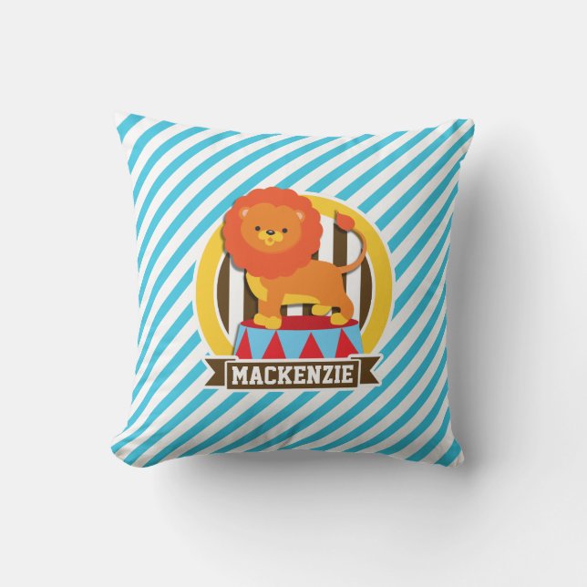 Orange Big Top Circus Lion; Blue & White Stripes Throw Pillow (Front)